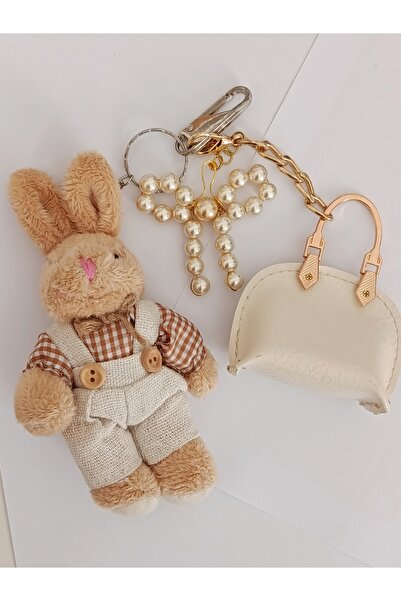 chibi Plush Rabbit & Pearl Bead Bow & C Bag Figured Design Charm, C Bag Acces...