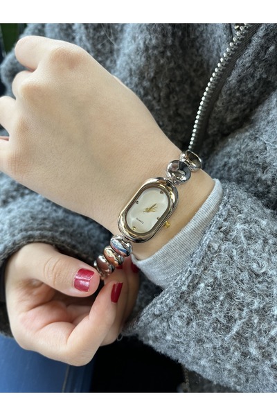 Quest Baignoire Steel Case White Dial Gold and Silver Double Color Metal Cord...