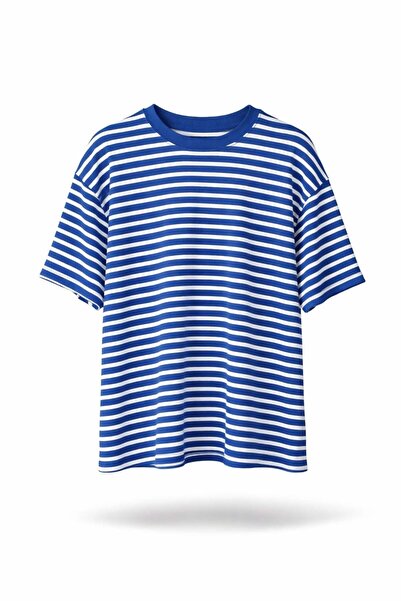 5in1Canpolat Μπλε κοντομάνικο μπλουζάκι Ριγέ 0199