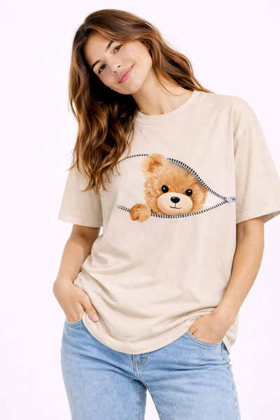 NEVERMIND Zippered Teddy Bear Printed Women's T-Shirt Oversized Cute Teddy Be...