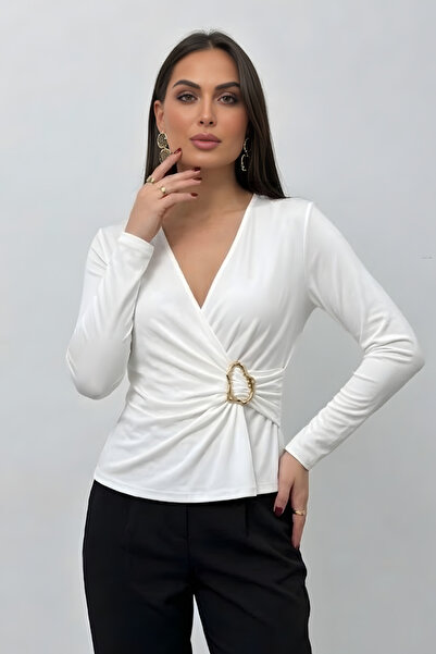 spirituel Women's Blouse Gold Buckle Detail Ruched Double-Breasted Collar Lon...