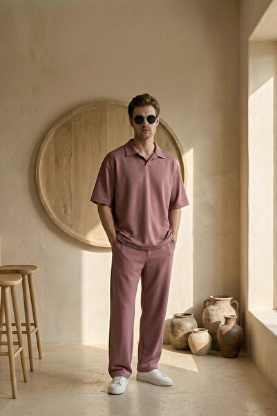 MADZEYMODA Men's Summer Dusty Rose Tracksuit Set Polo Collar T-Shirt Elastic ...