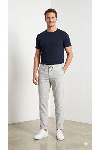 BEYAZTOPTAN Men's Elastic Waist Double Leg Jogger Pants Linen Trousers