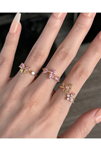 YZbuy 3’lü Kombin Yüzük Seti Pembe Taşlı Ayarlanabilir Yüzük – Altın Kaplama
