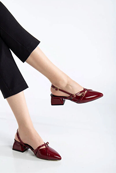 perry shoes Kayra Women's Burgundy Patent Leather Cross-Strapped Buckled Slin...