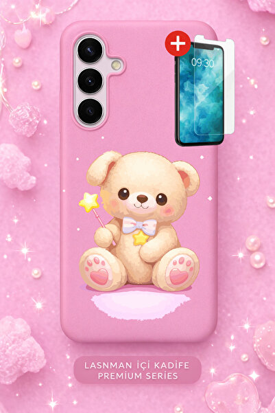 Rulet Aksesuar حافظة هاتف جالاكسي S22 بلس مخمل ذات سطح داخلي وردي منقوش + شاش...