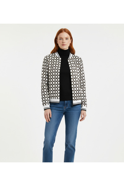 Neden Tekstil Women's Black and White Geometric Patterned Zipper Short Bomber...