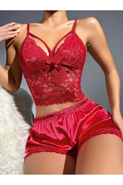 SS HOME CONCEPT Women's Red Lace Detailed Shorts Set Satin Nightgown 2293