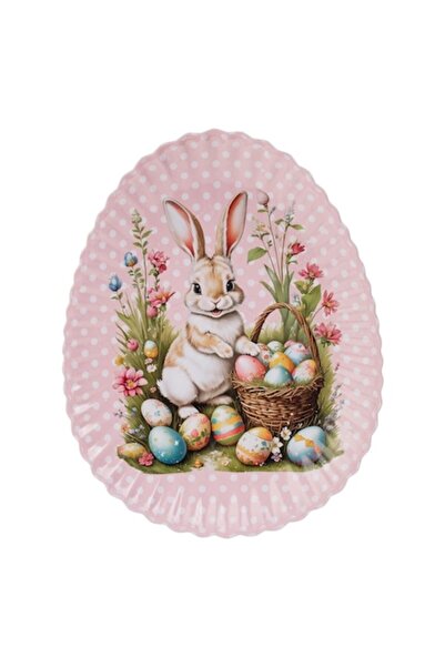 OEM Decorative Easter Plate Metal Pink Egg with Dots Bunny & Colored Eggs