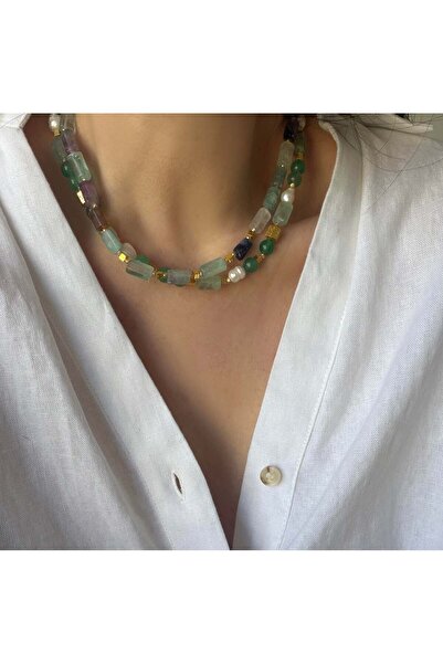 Venus Design Steel Prehnite-Pearl Necklace