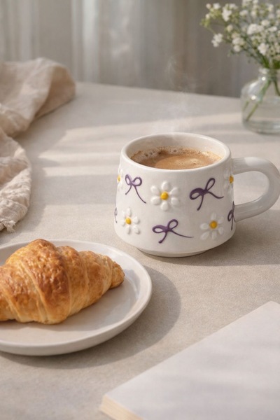 Casa Plus Seramik Lila Renk Fiyonklu Beyaz Papatya Kupa Bardak Mug 200ml