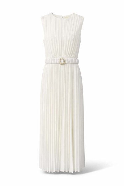 5in1Canpolat فستان أبيض متوسط الطول مطوي 1345