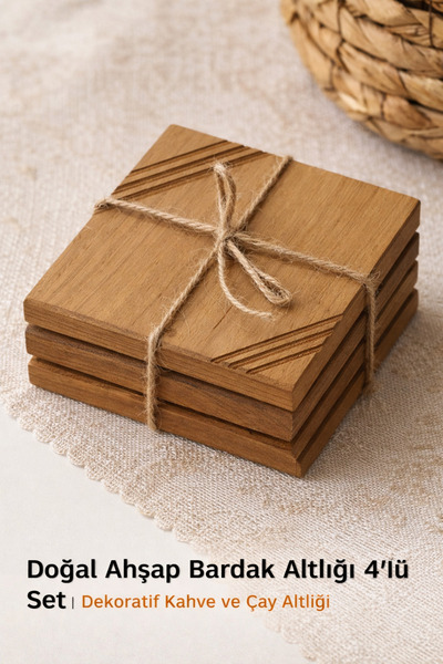 Doğal Ahşap Bardak Altlığı 4 lü Set