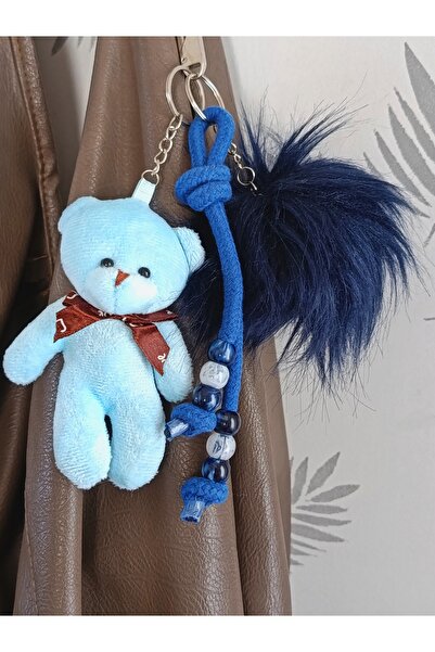 chibi Blue Plush Teddy Bear & Navy Blue Feather Ball Design Bag Charm Gift Ac...