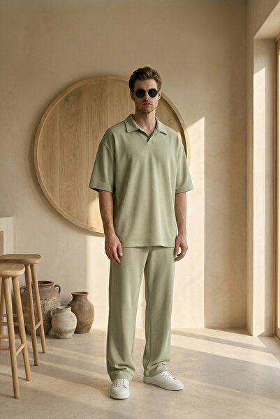 MADZEYMODA Men's Summer Green Tracksuit Set Polo Collar T-Shirt Elastic Lace-...