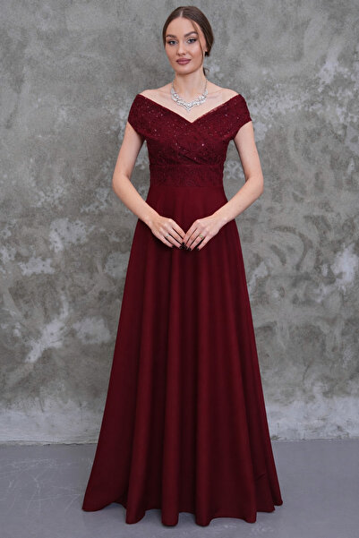 MAG FASHİON Lace Pack Plus Size Evening Dress Boat Neck Off Shoulder Woven Dr...