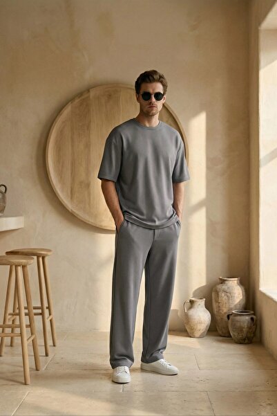 MADZEYMODA Men's Summer Anthracite Tracksuit Set Oversized T-Shirt Elastic La...