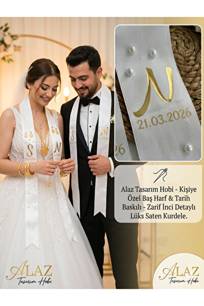 ALAZ TASARIM HOBİ Kişiye Özel Baş Harf Baskılı Gelin Damat Takı Kurdelesi - İ...