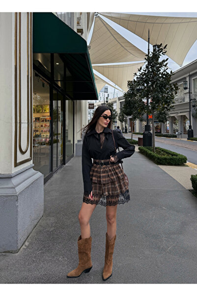 Fav Style Women's Lace Detailed Belt Piece Plaid Patterned Skirt Brown