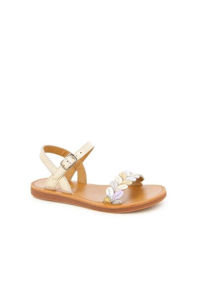 PETIT-ATELlER Girls Cream Leather Flat Sandal Pastel Metallic Leaf Wide Strap...