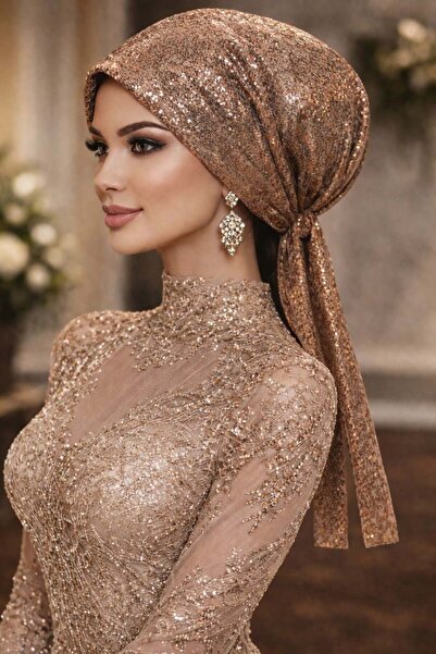 Aişe tesettür Copper Glittery Evening Dress Scarf Bonnet