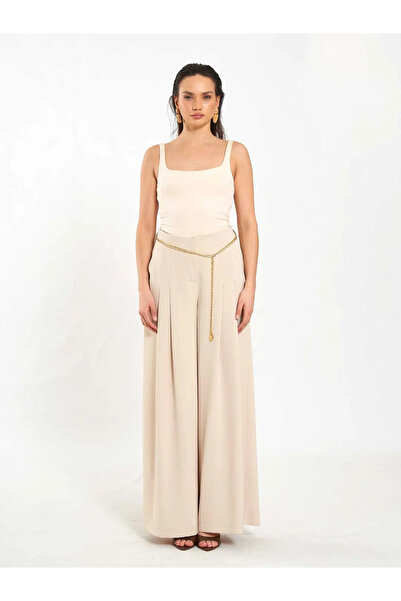 BIGNUANCE Stone Color Double Pleated High Waist Chain Belted Wide Leg Palazzo...