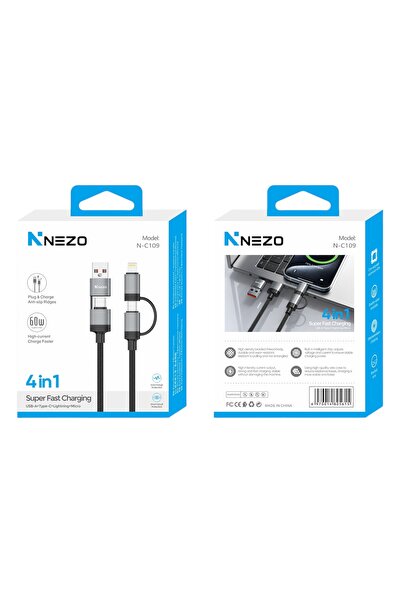 NEZO كابل الشحن فائق السرعة N-C109 4 في 1 - 60 واط USB-A/C إلى Lightning و Ty...