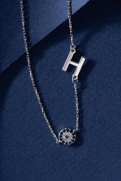 MSMODAM SILVER 925 Ayar Gümüş Kişiye Özel Nazar Boncuklu Yan Harf Kolye Silver