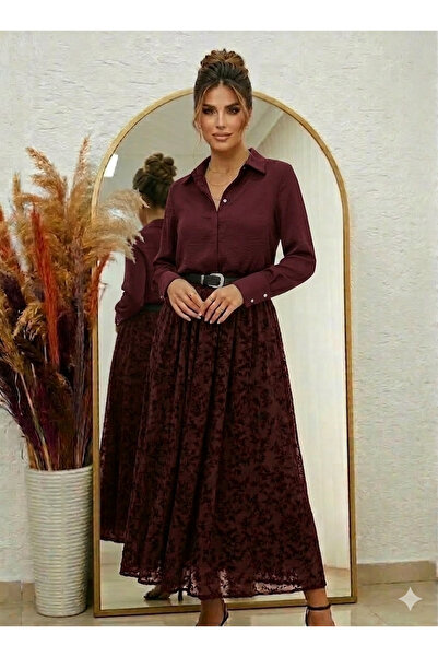 MaxiMor Women's Burgundy Color, Suitable for Hijab, Elastic Waist, Belt Inclu...