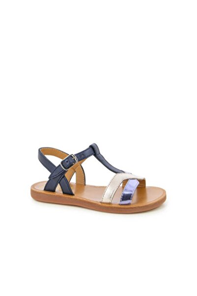 PETIT-ATELlER Girls Navy Blue T Bar Sandal Metallic Straps Buckle Ankle Strap...