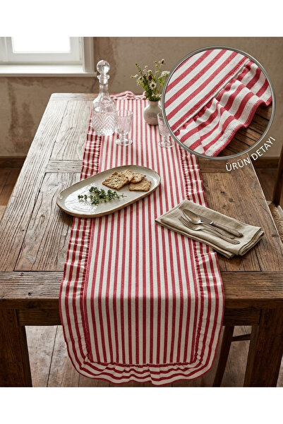 MOSTAS Vintage Kırmızı Beyaz Çizgili Fırfırlı Runner %100 Keten Masa Örtüsü K...