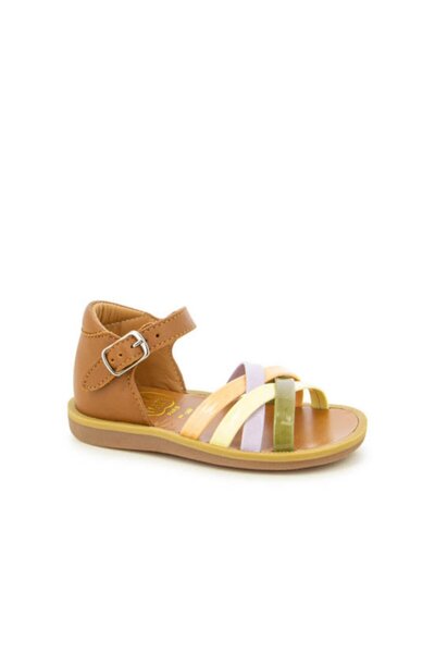 PETIT-ATELlER Girls Tan Leather Sandal Multicolor Crossover Straps Buckle Yel...