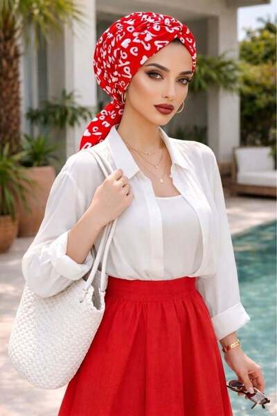 Aişe tesettür Red and White Love Pattern Buckled Bone