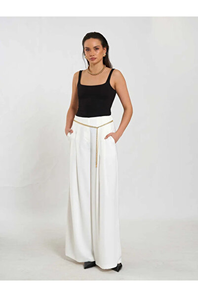 BIGNUANCE Ecru Double Pleated High Waist Chain Belted Wide Leg Palazzo Women'...