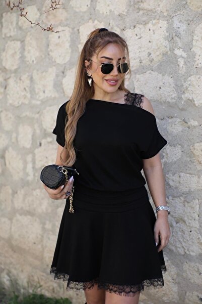 QİMYA BUTİK Buketli̇ Women's One-Shoulder and Hem D Lace Detailed Bat Sleeve ...