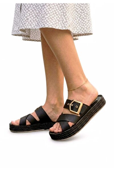 McDark Women's Black Buckled Open Front Soft Thick Sole Slipper