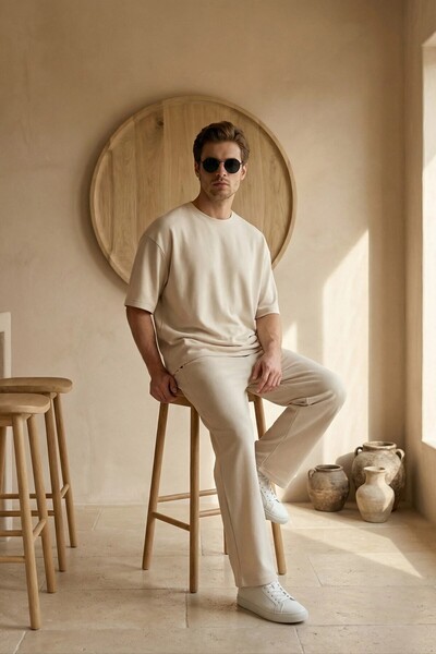 MADZEYMODA طقم بدلة رياضية صيفية للرجال باللون البيج، تي شيرت كبير الحجم، سرو...