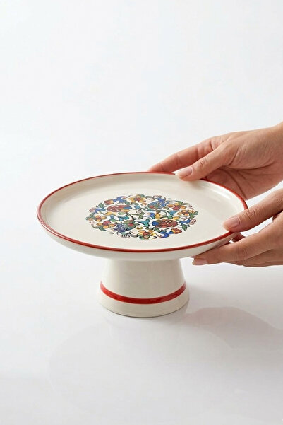 EVCİME Ayaklı Seramik Sunum Tabağı & Pasta Standı -Geleneksel Lale Desenli Çi...