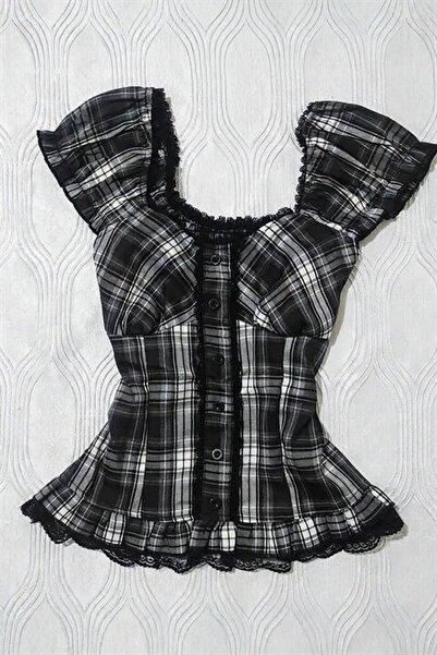 Köstebek Vintage Lace Piece Square Collar Black and White Plaid Piece Short S...