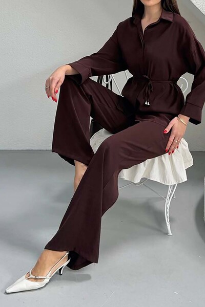 XXL BUTİK Women's Bitter Coffee Modal Shirt Collar Ruched Detail Pant Suit Es...