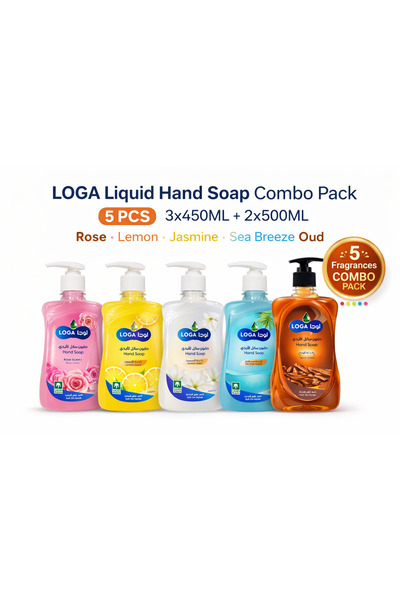 LOGA عبوة صابون سائل لليدين، ٥ قطع: ٣ × ٤٥٠ مل + ٢ × ٥٠٠ مل، برائحة الورد وال...