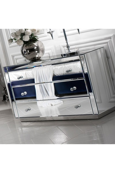 LUXURY VİLLA LUXURY KOMPLE GÜMÜŞ AYNALI 3 ÇEKMECELİ ŞİFONYER GENİŞLİK 90CM DE...