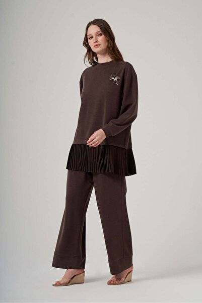Nuss 1079 Piliseli Tunik Pantolonlu Takım - Kahve