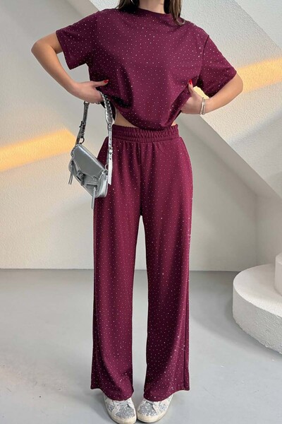 XXL BUTİK Women's Burgundy Modal Fabric Stone Detailed Trousers T-Shirt Set E...