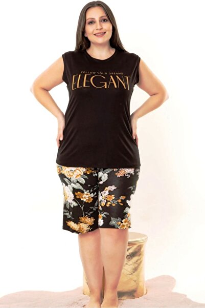 by İGP Black Zero Sleeve Plus Size Patterned Shorts Set
