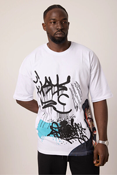 SUPERBLUE Tricou alb cu mânecă scurtă cu imprimeu graffiti pentru bărbați