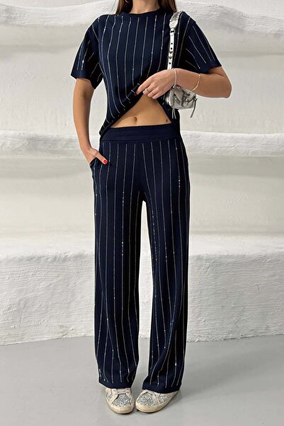 XXL BUTİK Women's Navy Blue Striped Stone Detailed Trousers T-Shirt Set Esr028
