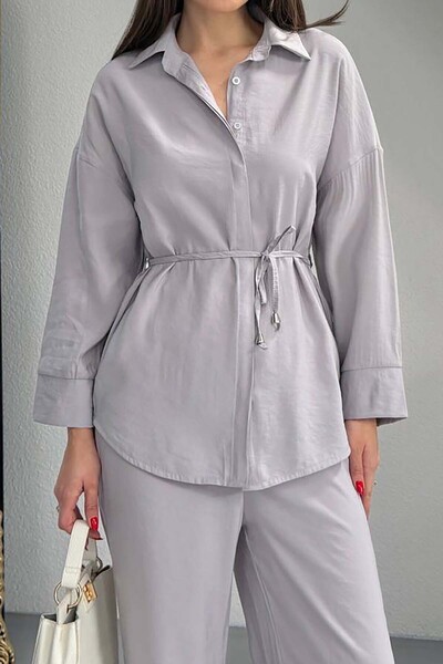 XXL BUTİK Women's Gray Modal Shirt Collar Ruched Detail Pant Suit Esr045
