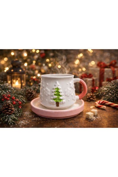 Casa Plus Embossed Snowman Pine Tree Mug, Handcrafted Christmas Pine Tree Fig...
