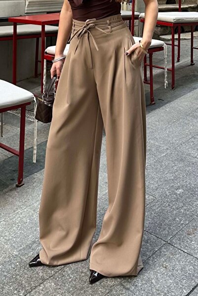 XXL BUTİK Women's Camel High Waist Maxi Palazzo Pants Esr042